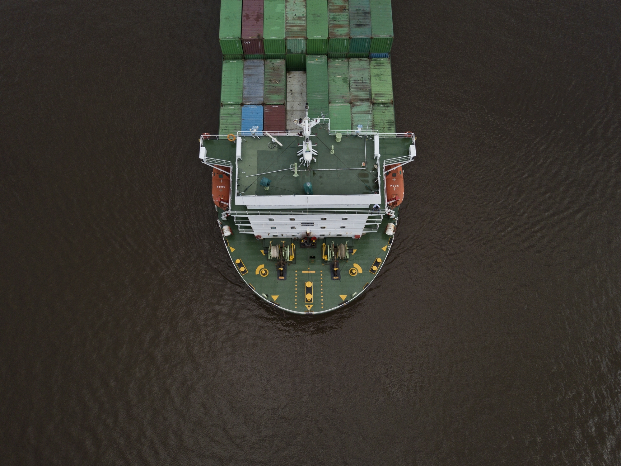 Aerial shot of a big export container ship in the ocean